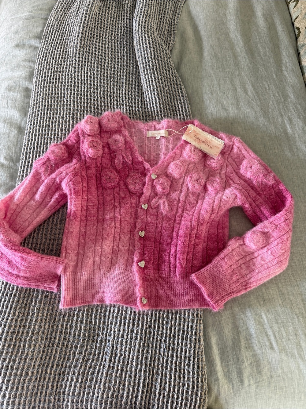 Pink Ombre Knit Cardigan with Pom-Pom Accents